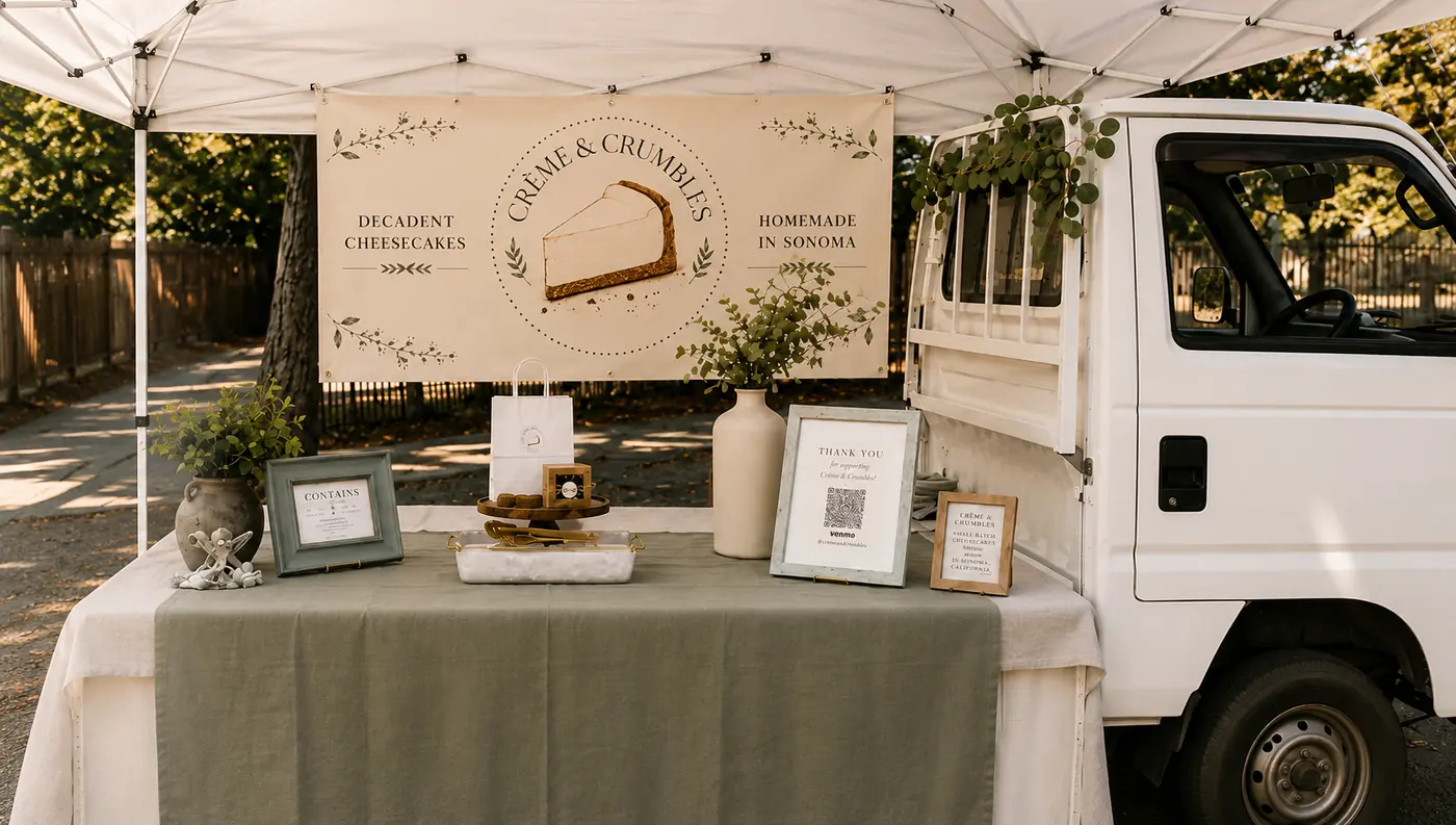 The Cr&egrave;me & Crumbles booth at the Danville Farmers Market with the banner, linen-draped table and the mini truck