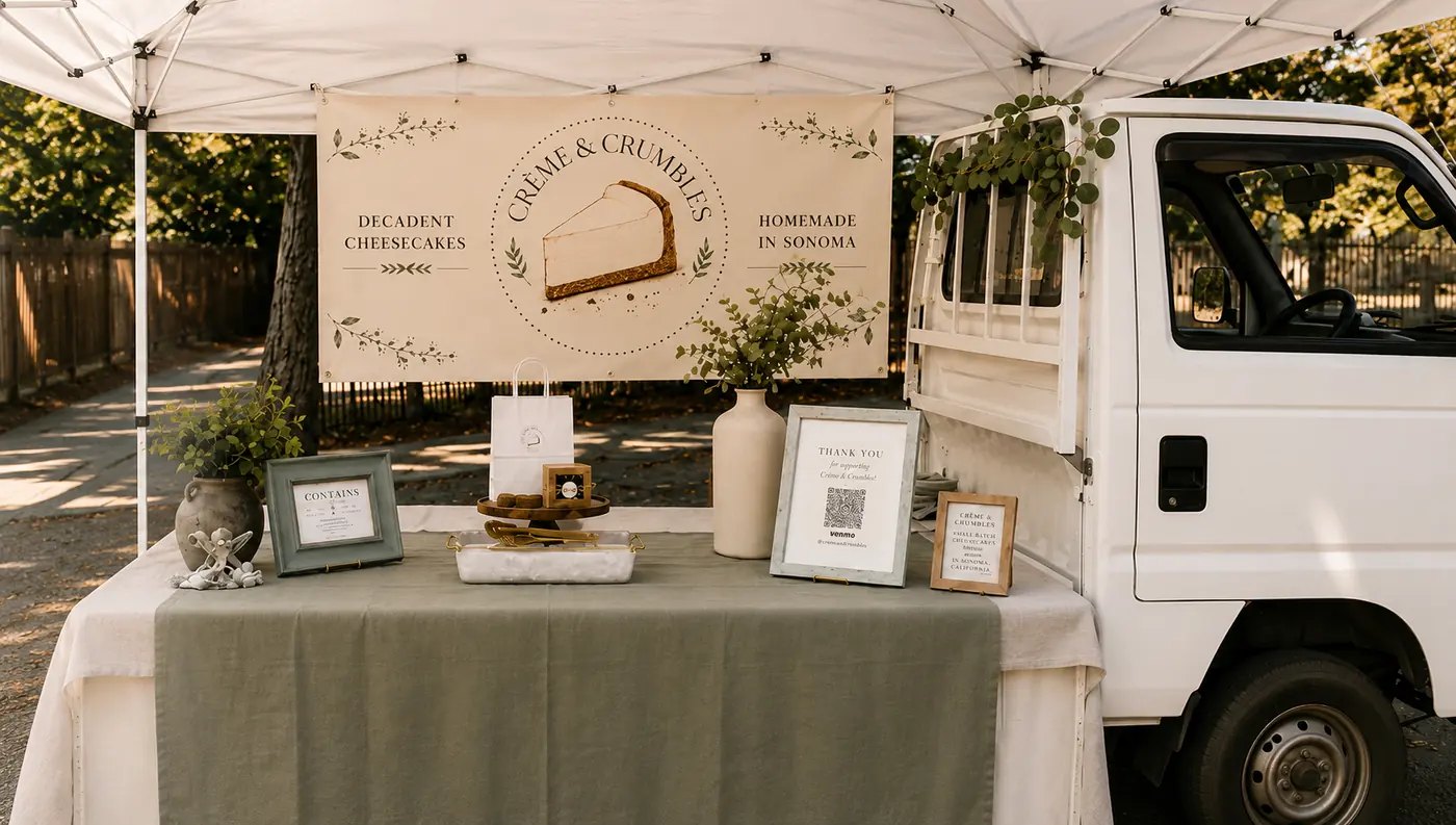 The Crème & Crumbles farmers market booth: a cream banner with the logo, a sage table runner, framed signs and greenery