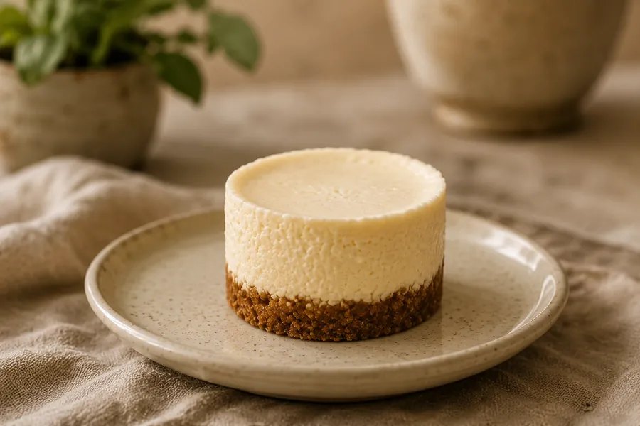 The Mini, a 3-inch cheesecake on a speckled plate