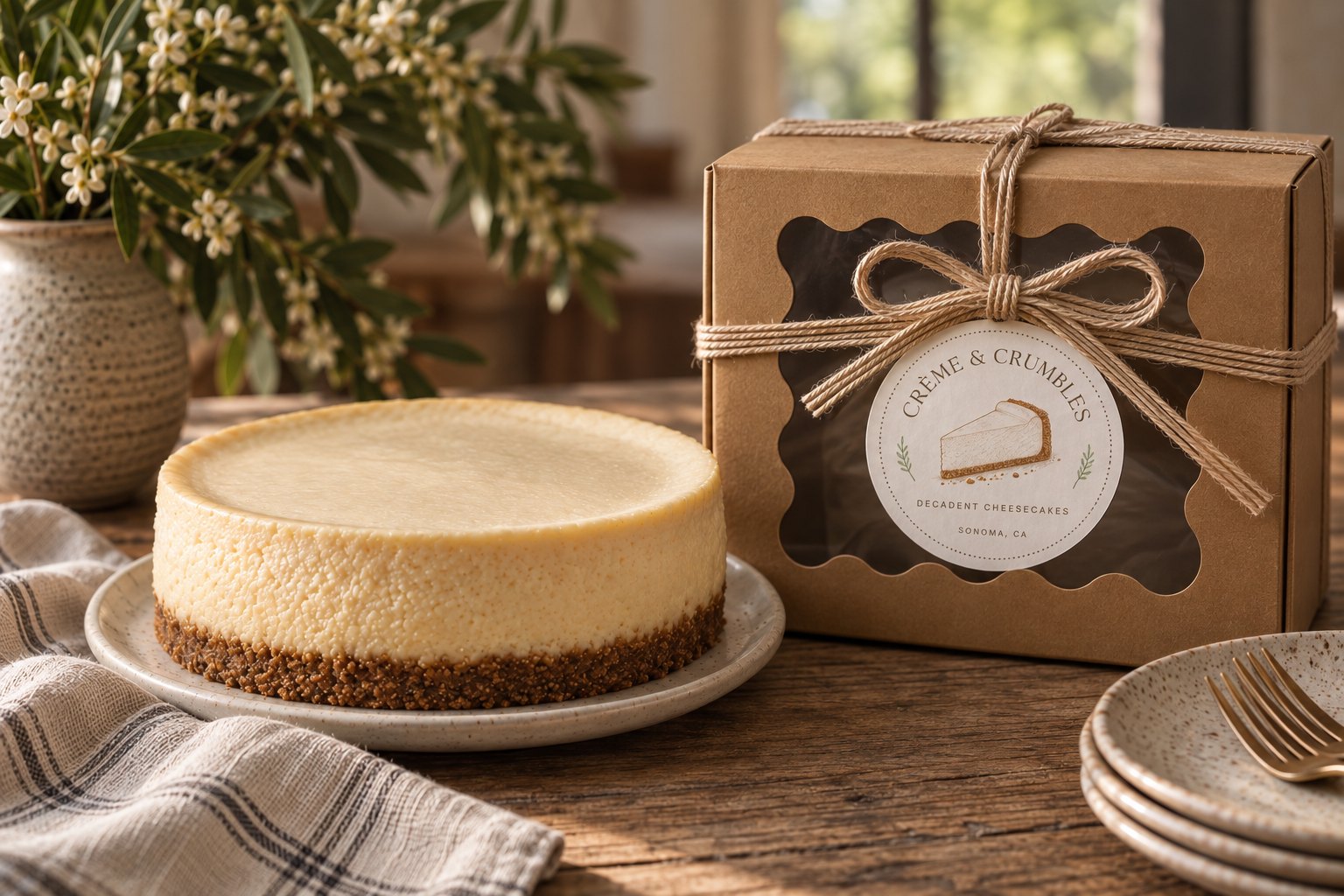 A whole Crème & Crumbles cheesecake beside its kraft gift box